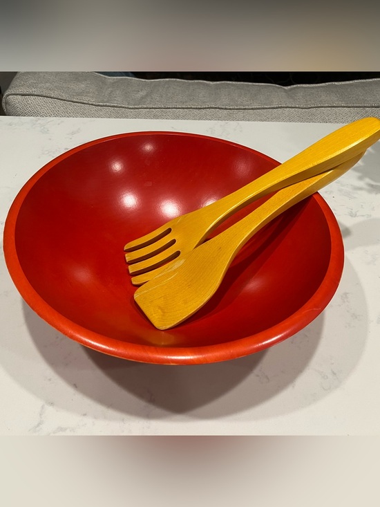 The Bowl Mill, Grainville, VT Other - The Bowl Mill Granville VT Red Dyed Hardwood Salad Bowl + Matching Servers – 12”